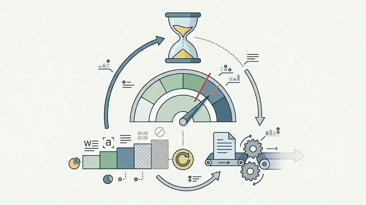 Hourglass and gauge icons representing usage limits alongside a conveyor belt processing text documents
