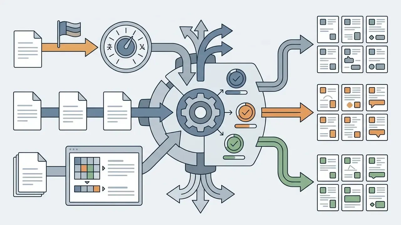 Central gear mechanism processing document inputs into categorized multilingual content outputs