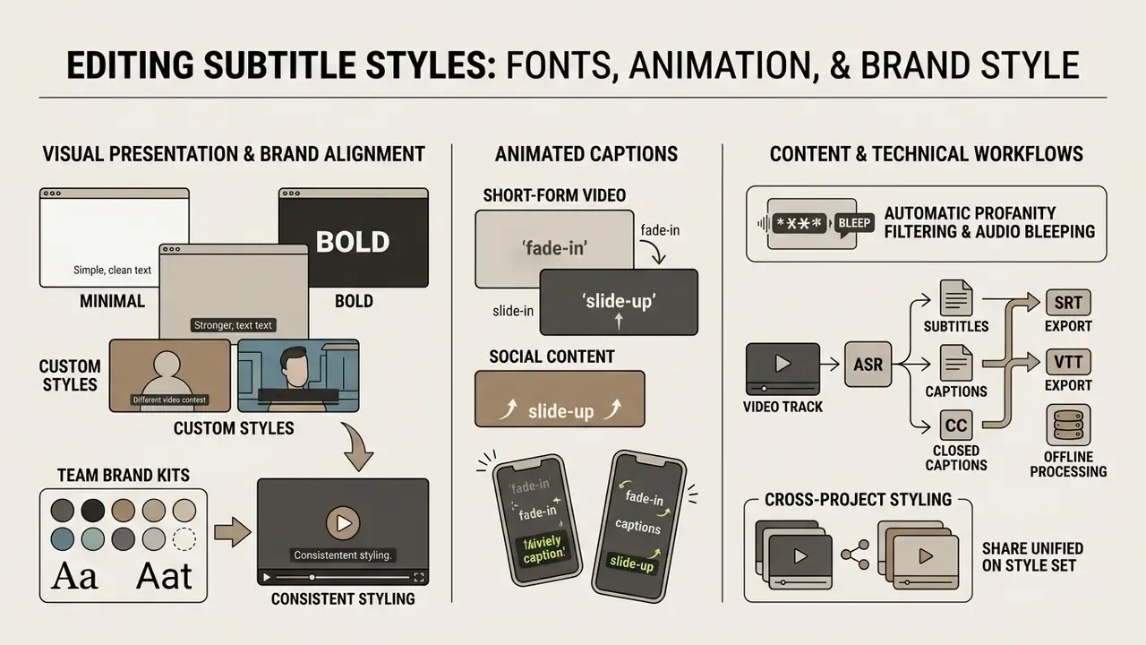Infographic detailing visual design options, caption animations, and technical workflows for video styling