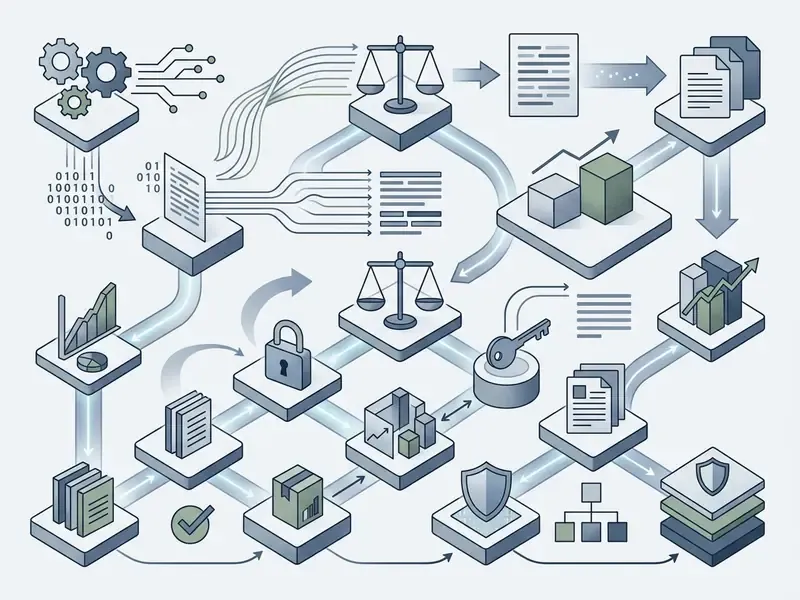 Network of icons representing data processing, legal compliance, and security measures in a workflow