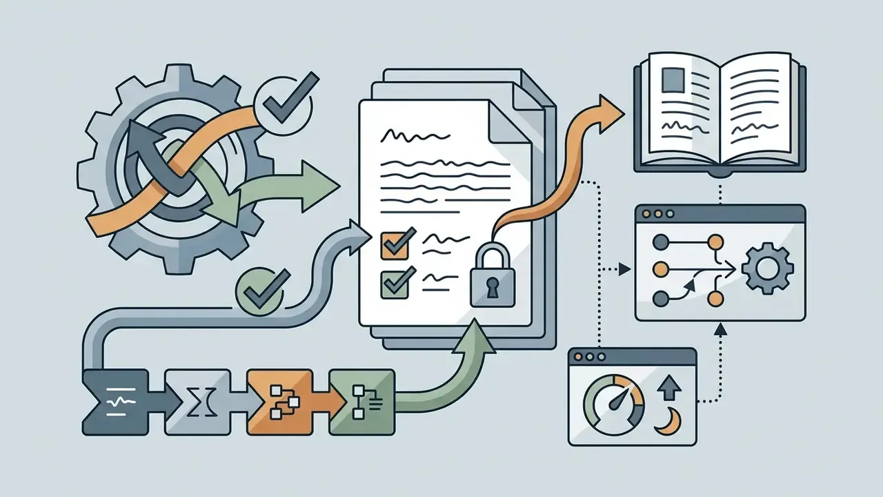 Legal document with a lock icon flowing through a gear system and performance gauges to a policy book