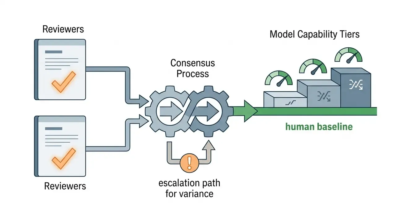 Two reviewers feeding into a consensus gear system to establish a human baseline for model capability tiers