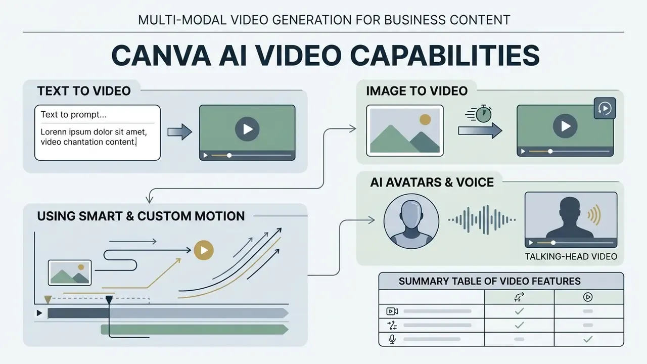 Layout of text-to-video, image-to-video, motion control, and avatar features in a summary infographic