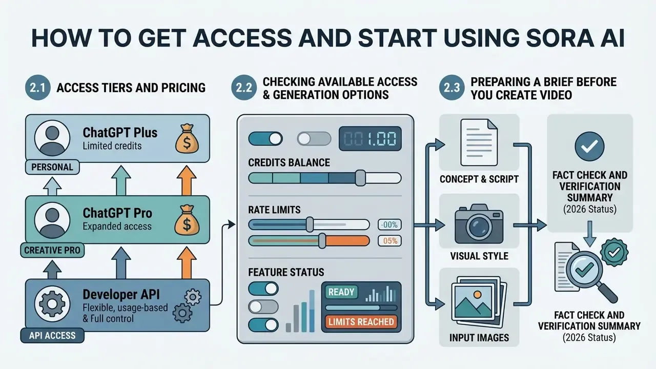 Infographic detailing Sora AI access tiers, credit management, and the video creation workflow