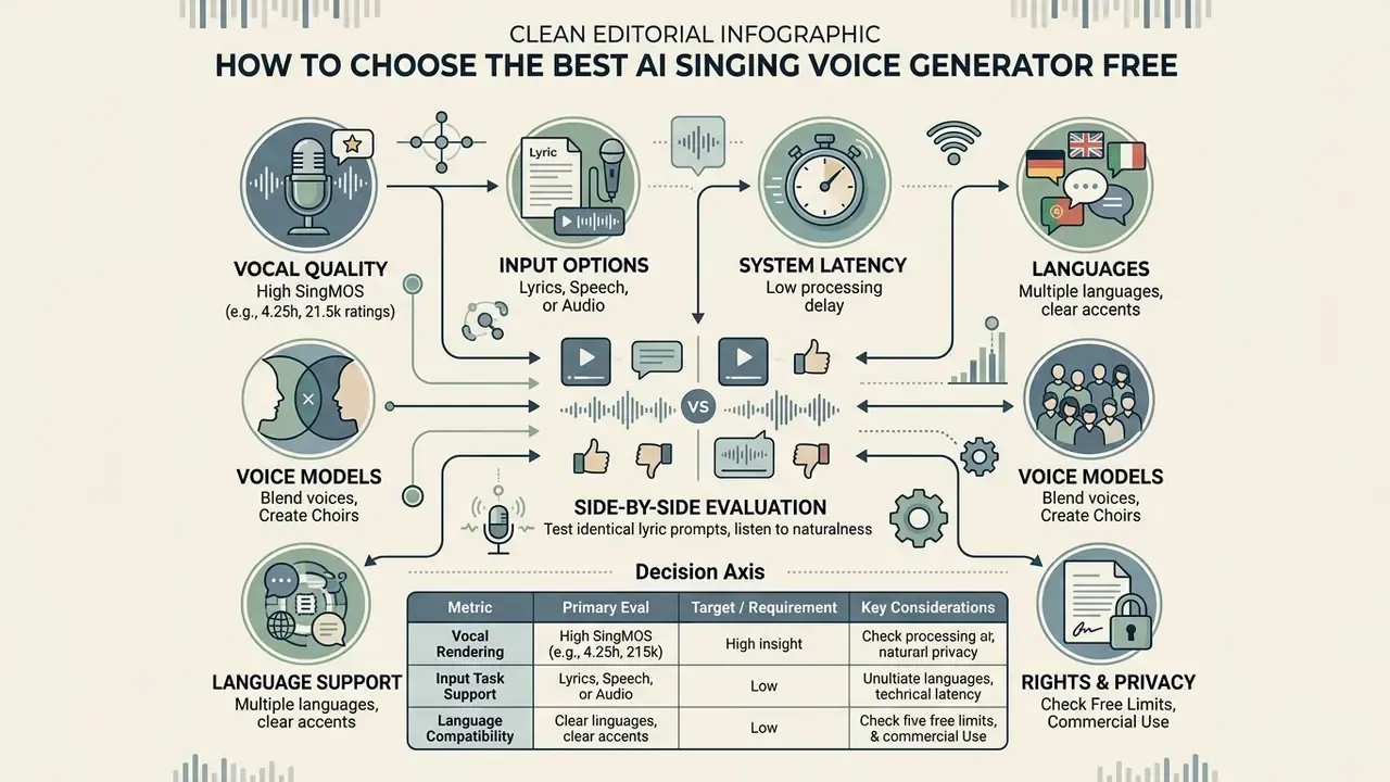 Comparison matrix evaluating vocal quality, latency, language support, and usage rights for audio tools