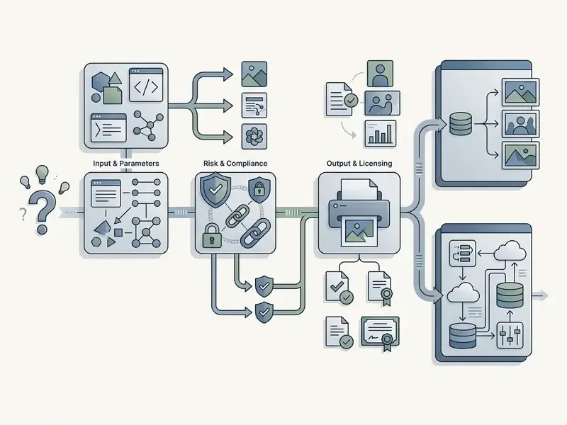 Decision path for an AI image generator showing inputs, risk assessment, and licensing workflows