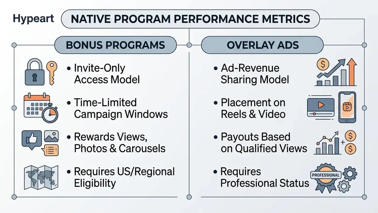 Comparison table outlining key features for Instagram bonus programs and overlay ad revenue models