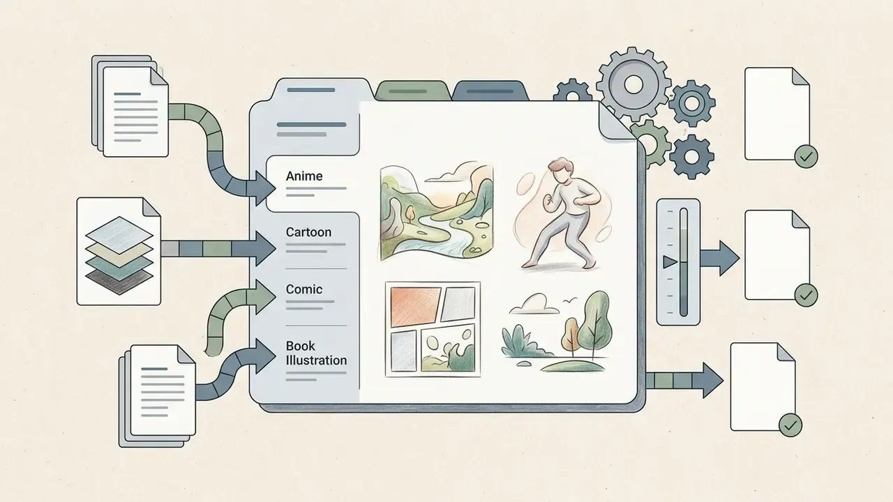 Documents feeding into a folder interface that organizes sketches into stylized artistic categories