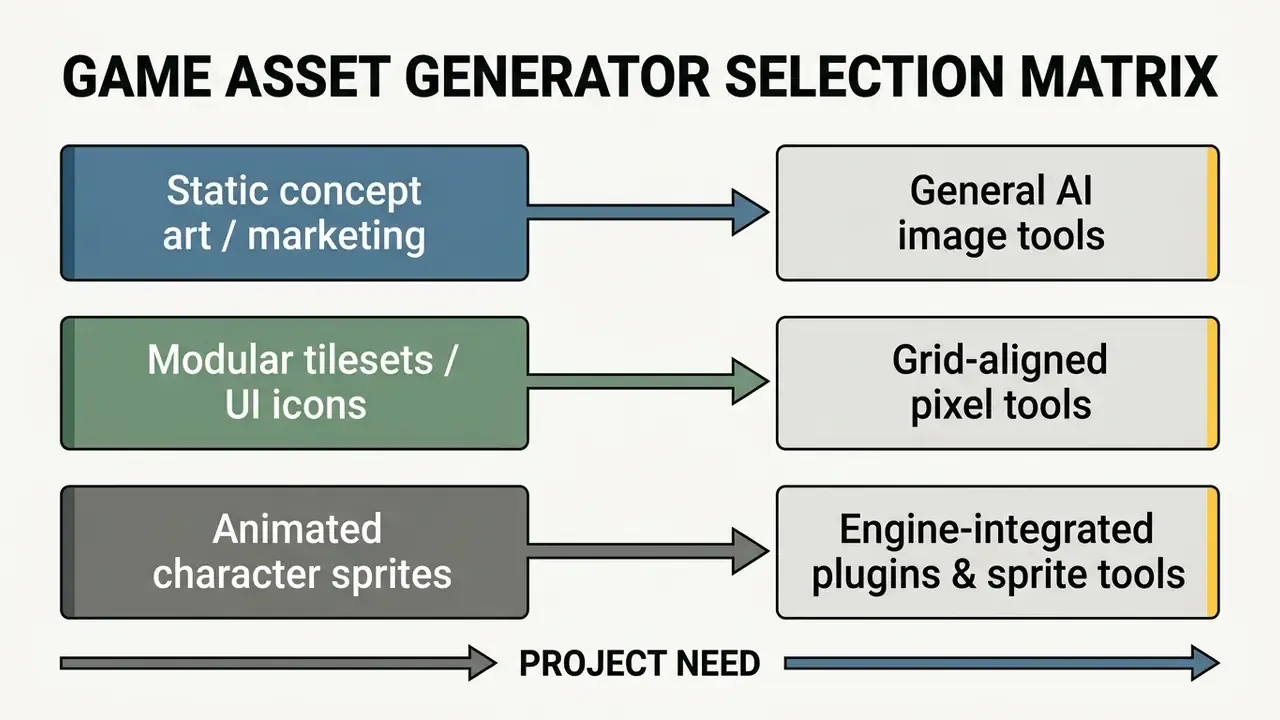 Decision matrix mapping specific game development project needs to recommended software tool categories