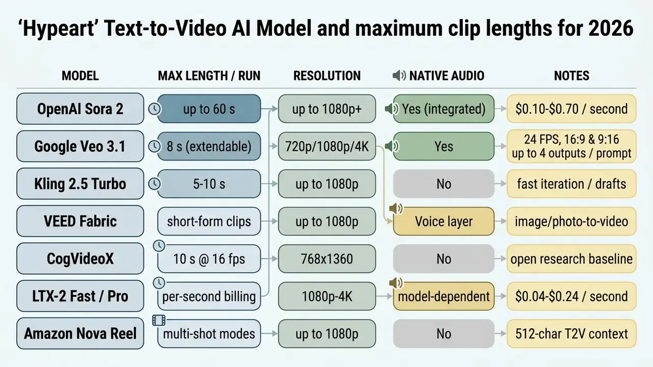 Comparison table listing generative video models with their run lengths, resolutions, and audio features