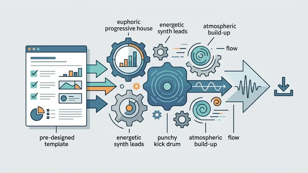 Template document feeding into a series of gears that process musical elements into an audio waveform download