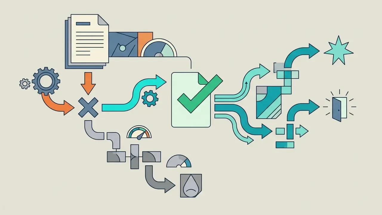Document icons and gears connecting to a central checkmark that branches into varied creative outcomes