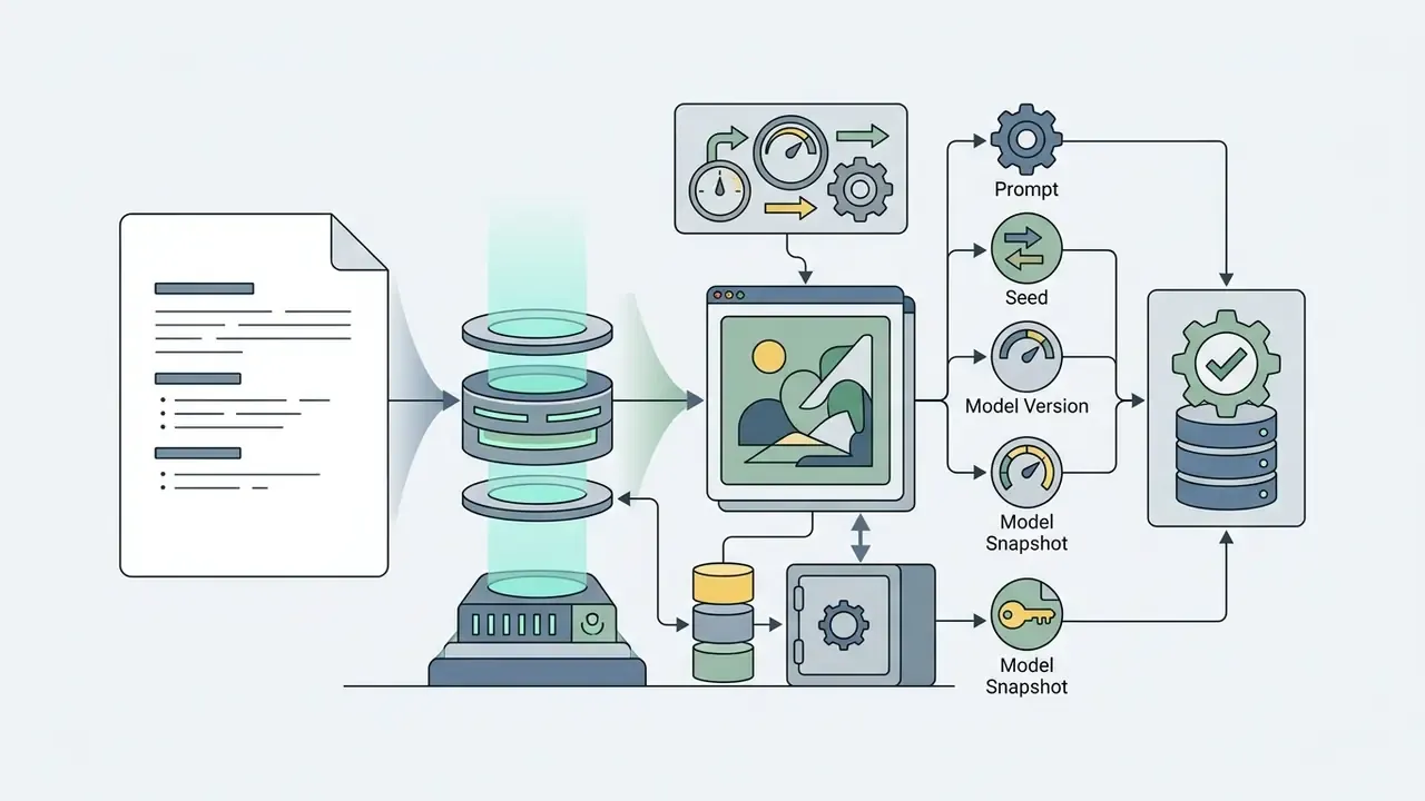 Process flow showing prompt, seed, and model version data being stored to ensure AI output repeatability