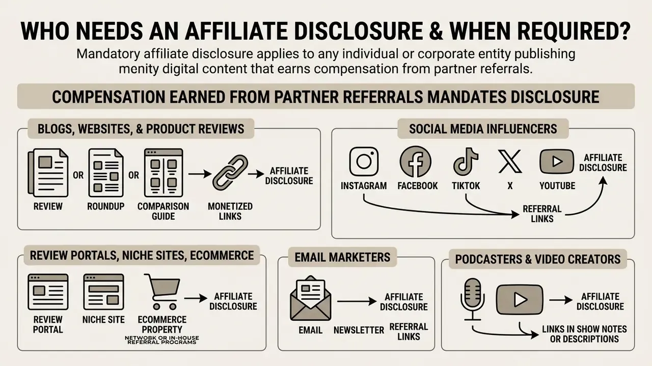 Infographic detailing content types and platforms that require an affiliate disclosure for compensation