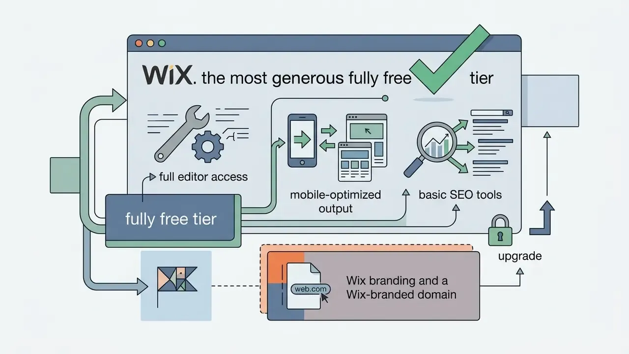 Visual breakdown of Wix free tier features including editor access, mobile optimization, and SEO tools
