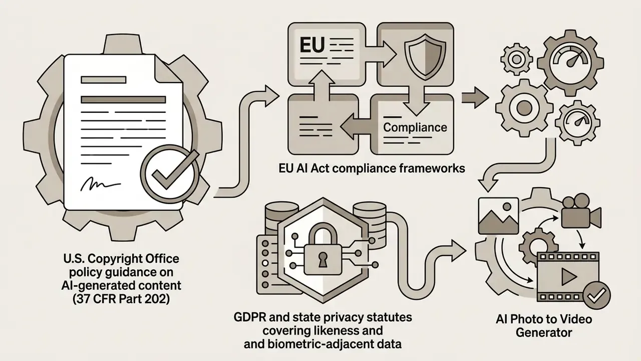 Diagram linking legal policy, compliance frameworks, and data privacy to an AI video generation process