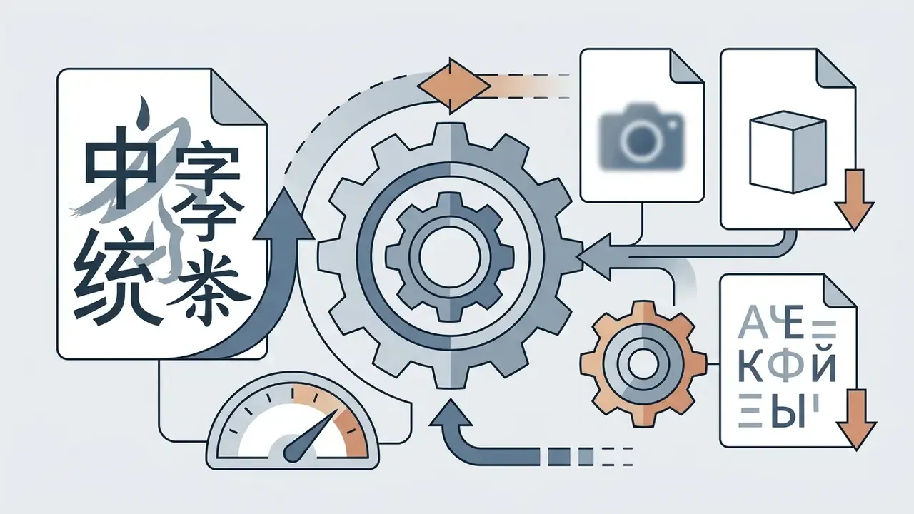 Central gear mechanism connecting Chinese character documents, camera icons, and Latin typography files
