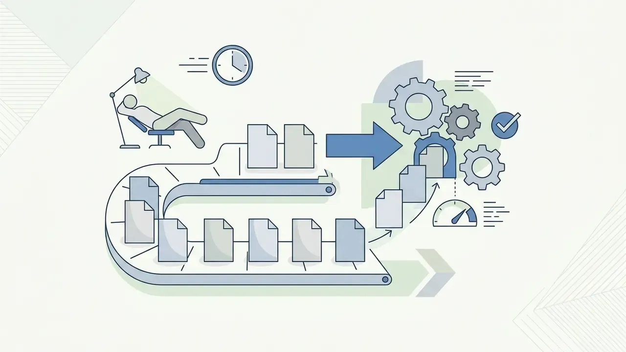 Conveyor belt moving document files into a gear system for automated batch processing while a user relaxes