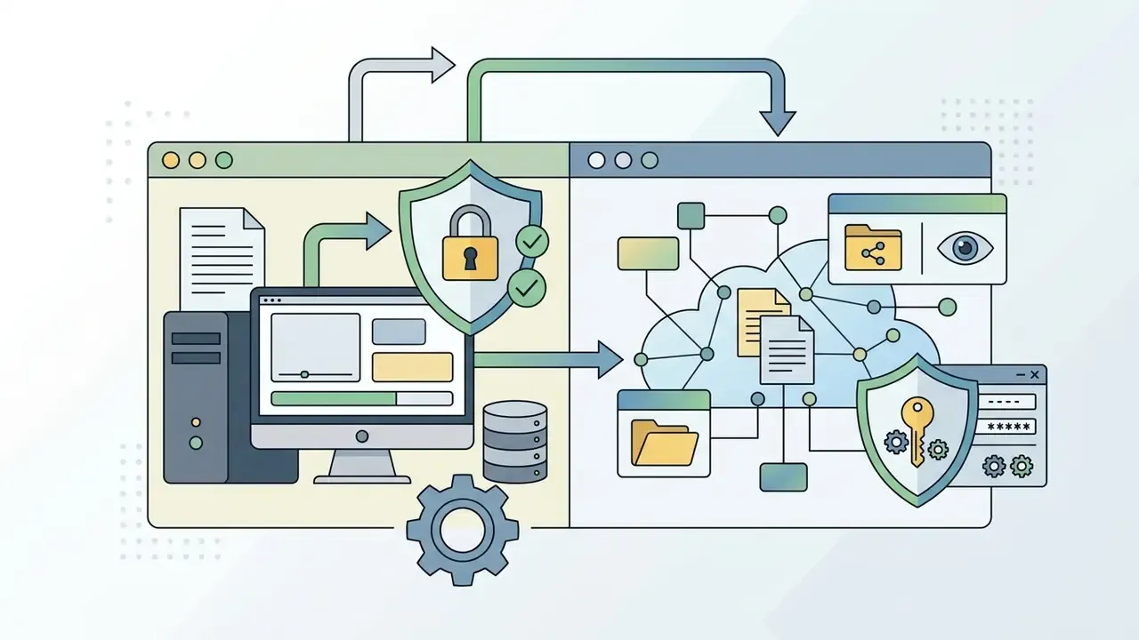 Desktop computer and local storage protected by a shield icon connected to a cloud network with security keys