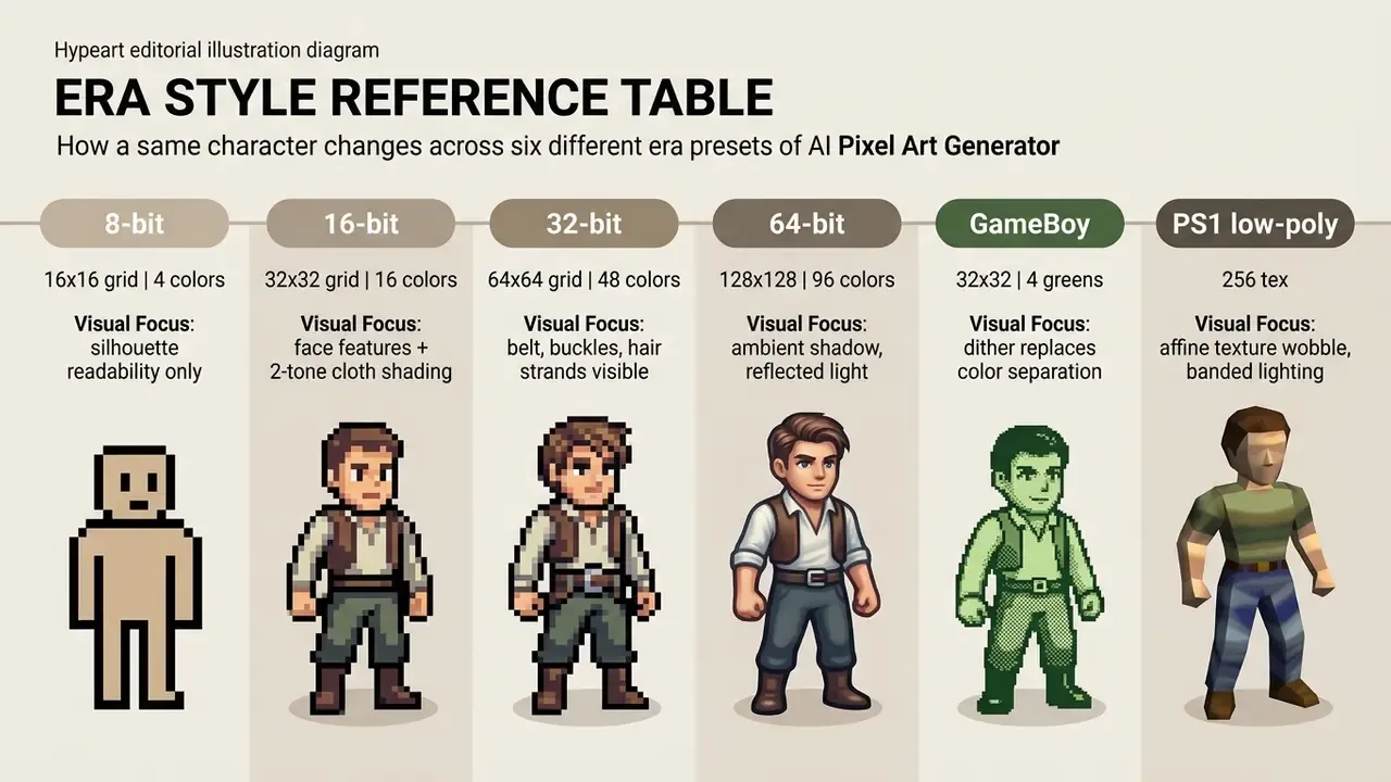 Comparison chart showing a single character rendered in six distinct retro gaming graphical styles