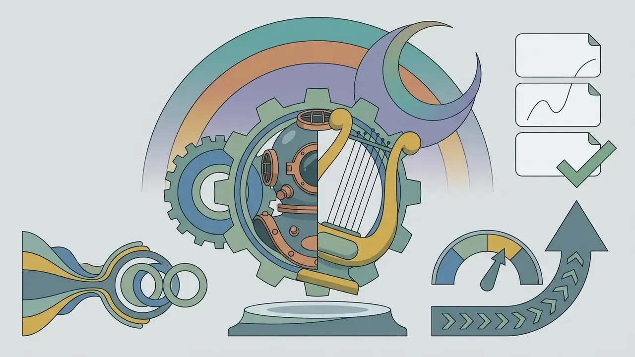 A split diving helmet and harp inside a gear set with a rainbow, crescent moon, and upward trending arrow