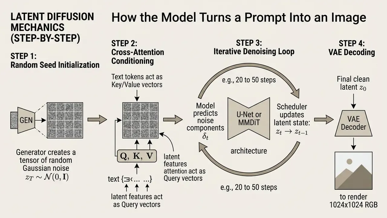Four-stage process diagram detailing latent diffusion mechanics from noise initialization to image decoding