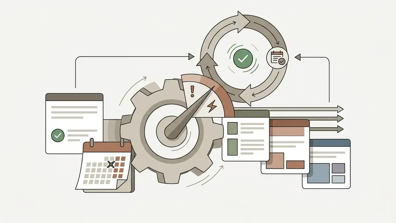 Gear with a gauge monitoring document cycles and recurring calendar review tasks
