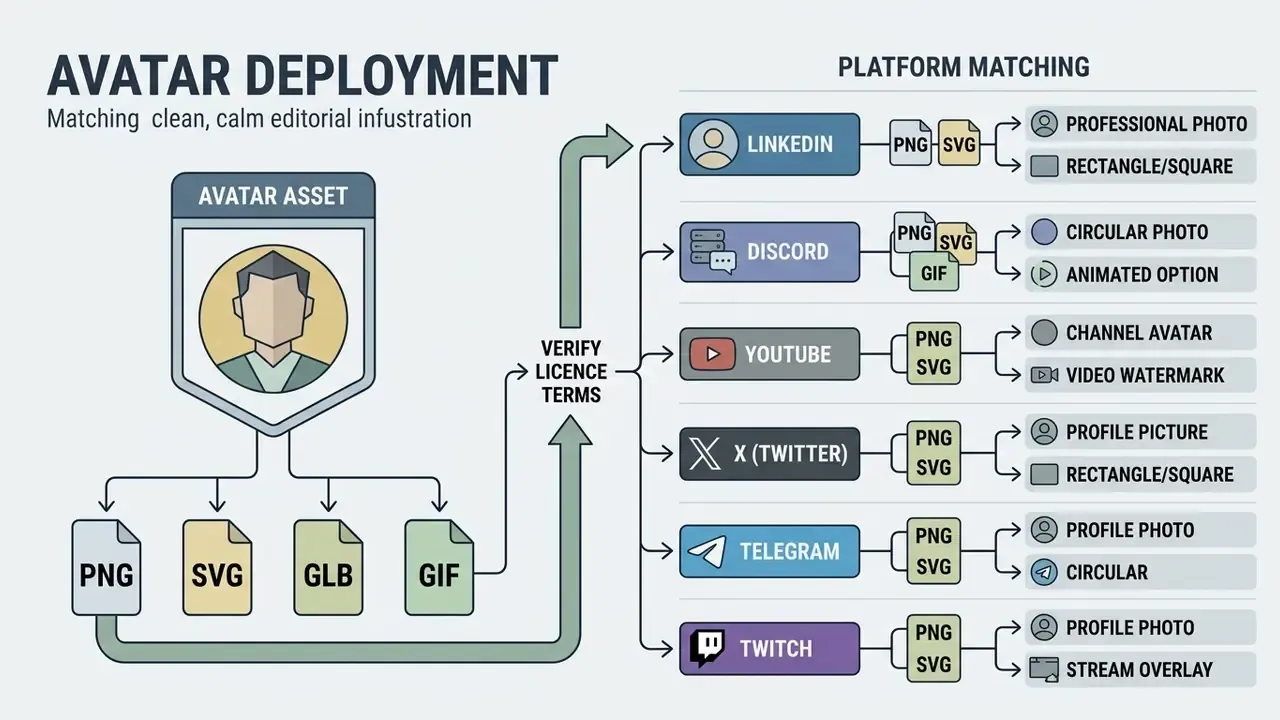 Diagram mapping avatar file formats to specific social media platform requirements and display styles