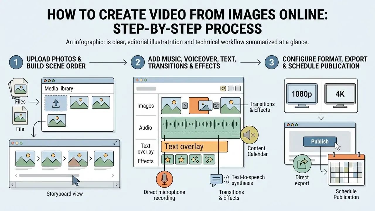Three-step workflow showing media upload, timeline editing with audio and text, and final export scheduling