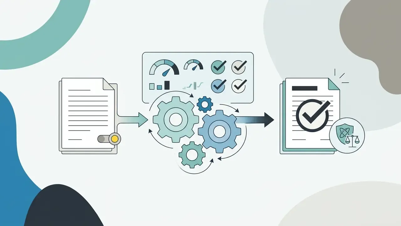 Document moving through rotating gears and a dashboard of performance gauges toward a policy document
