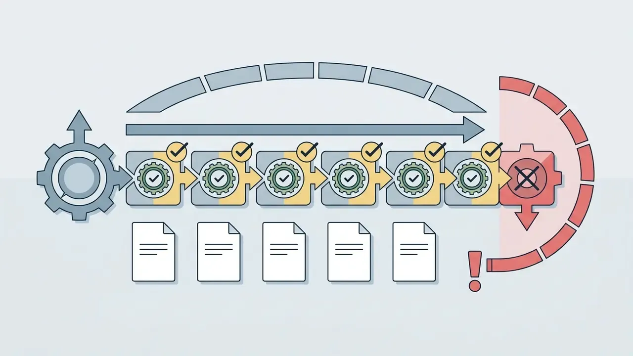 Series of five connected gear blocks with checkmarks leading to a final blocked red gear segment