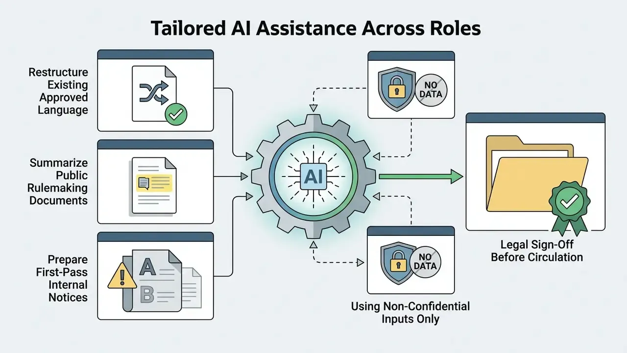 Work tasks feeding into an AI gear processor with data security constraints and final legal approval