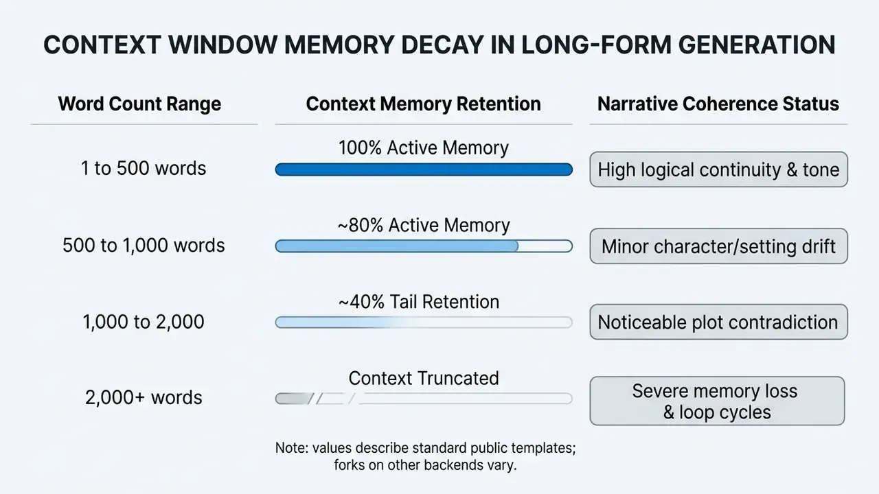 Table showing how increasing word counts correlate with decreased memory retention and narrative coherence