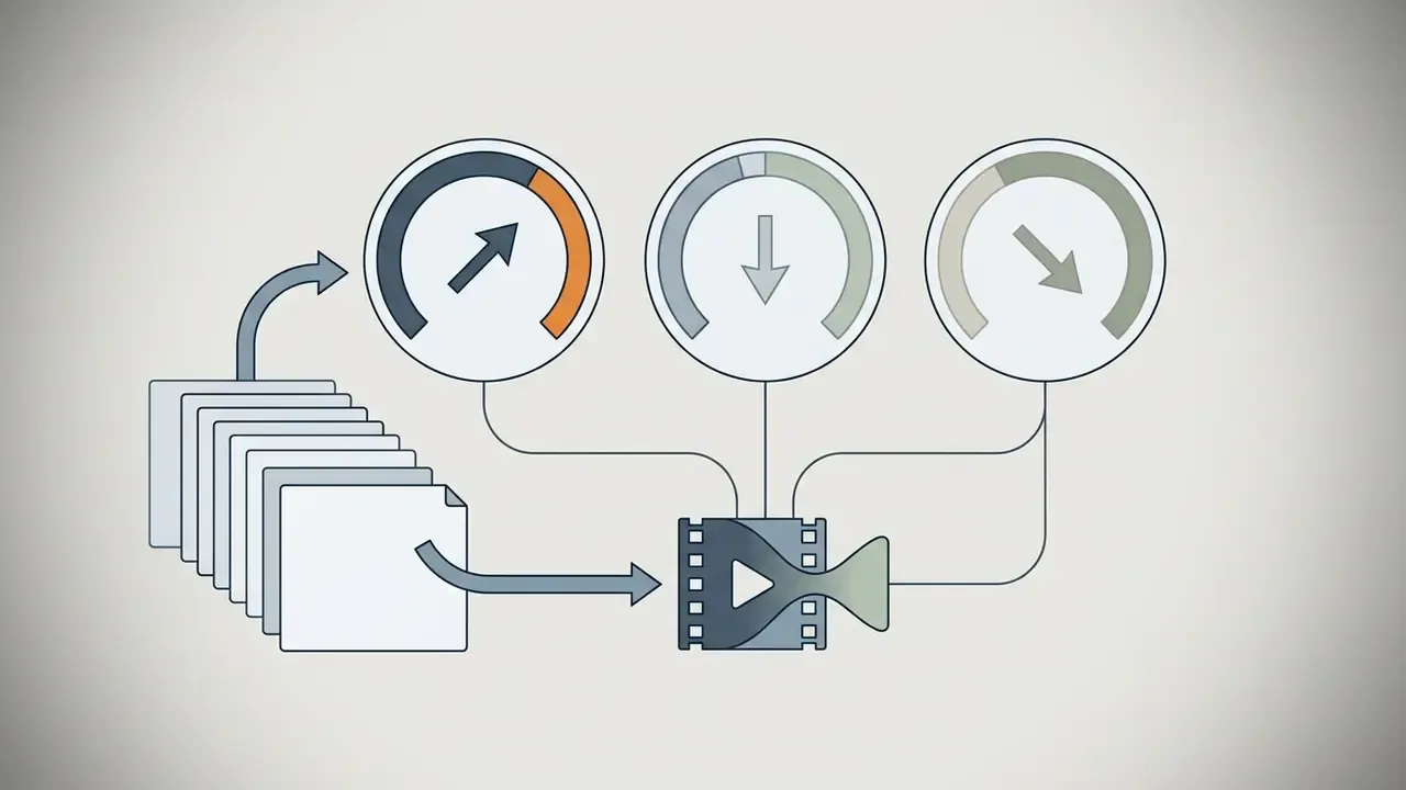 Stack of documents feeding into a film strip icon connected to three circular adjustment gauges