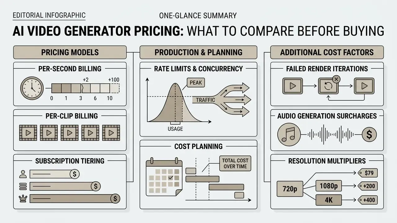 Infographic comparing pricing models, production planning factors, and additional costs for video tools