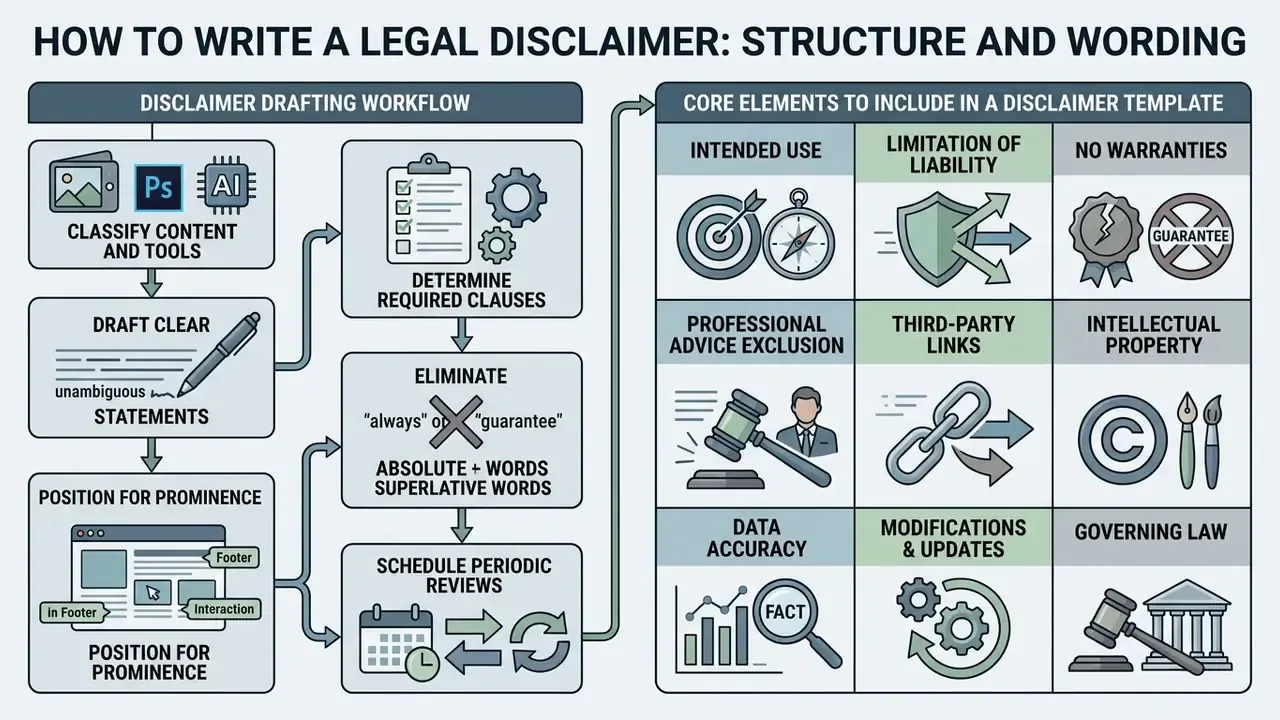 Process flowchart for drafting disclaimers alongside a grid of essential template components