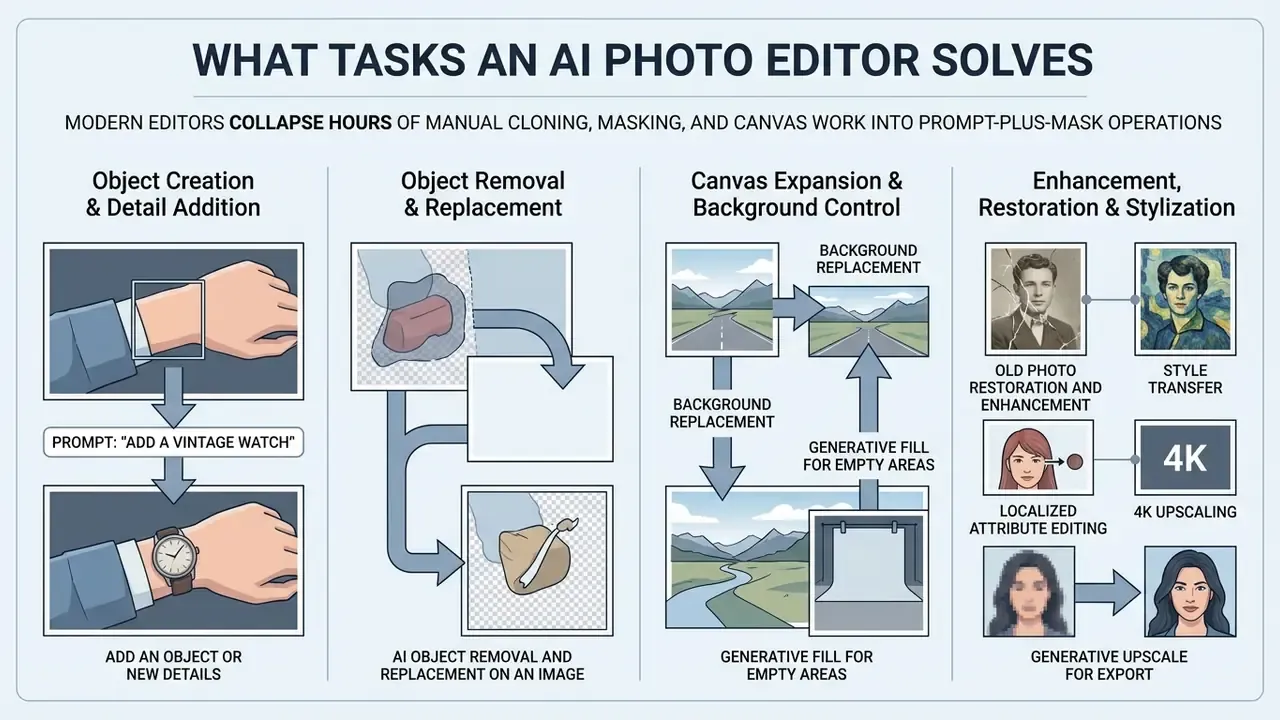 Infographic showing how an AI photo editor handles object addition, removal, background fill, and restoration