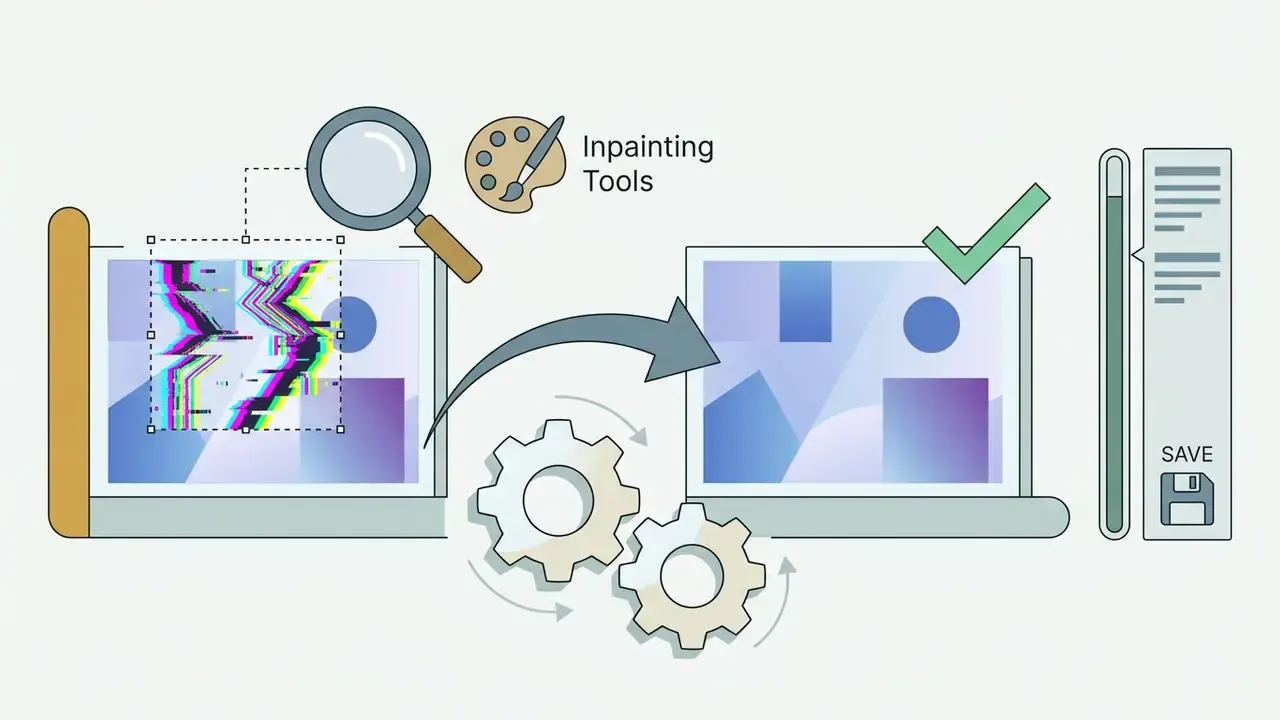 Magnifying glass over a glitchy image area with inpainting tools gears and a save progress panel
