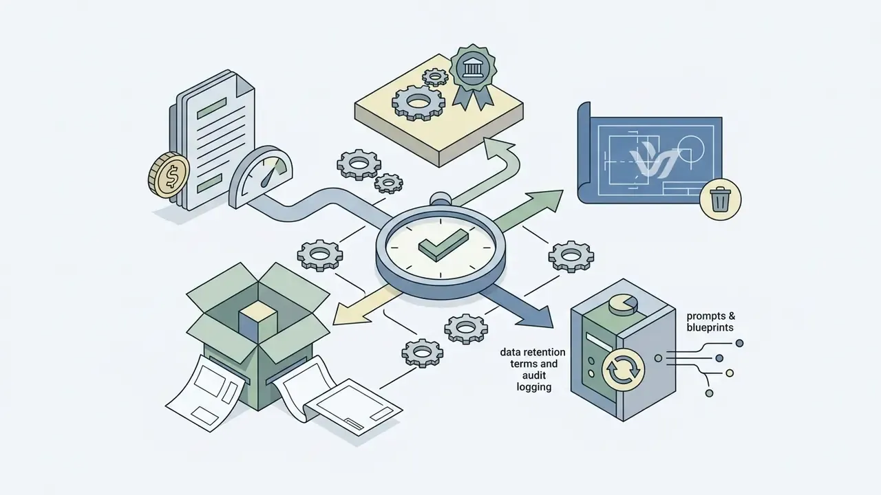 Central clock mechanism connecting business and data management icons for architectural software