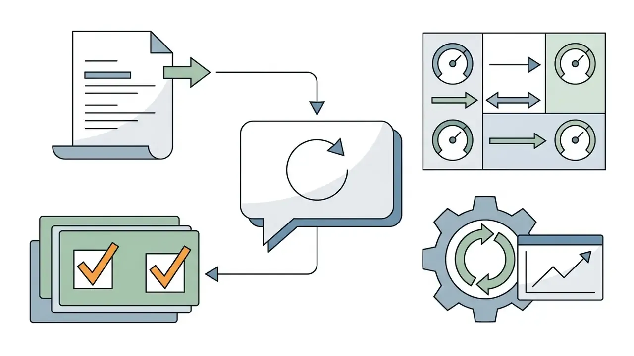 Document processing icon connecting to a central refresh symbol and a checklist of completed tasks