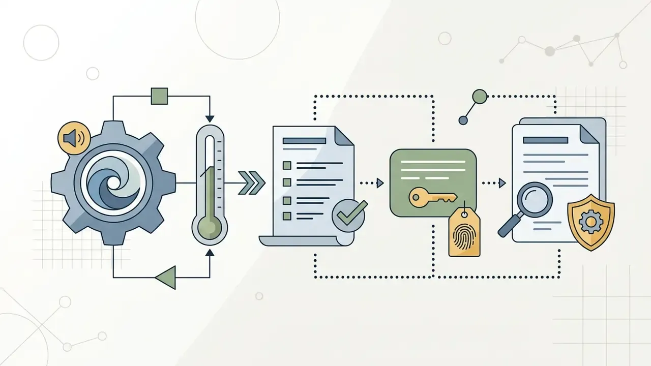 Gear and thermometer icons linked to a document checklist, encryption key, and protected audit report