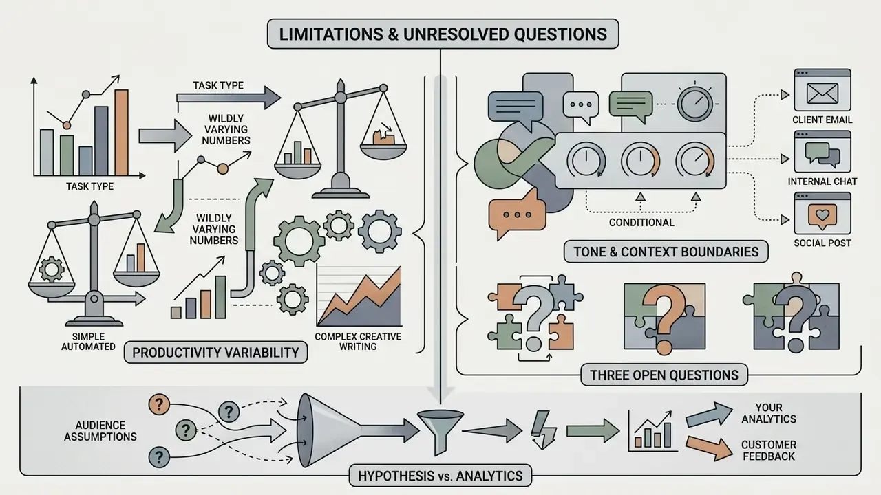 Infographic showing productivity variability, tone and context boundaries, and open research questions