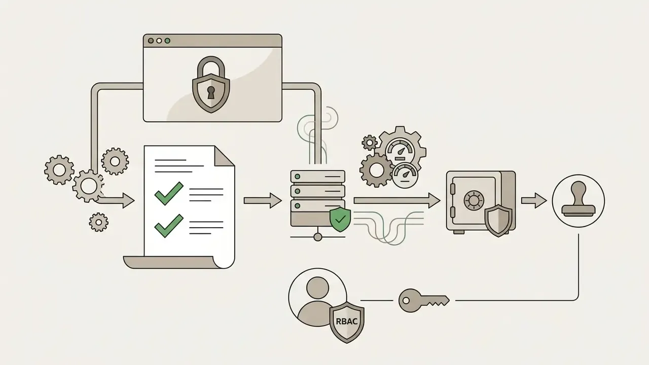 Technical diagram showing secure API data routing through a server, encrypted storage, and RBAC access