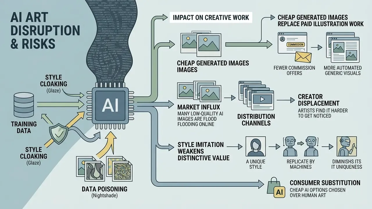 Infographic showing how AI systems displace human artists through market flooding and style imitation
