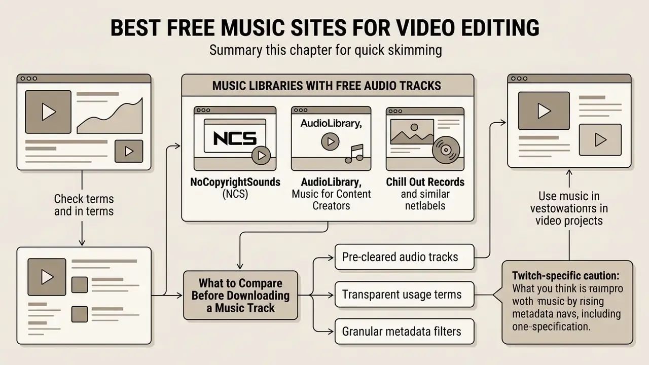 Diagram showing a workflow for selecting audio tracks with comparisons of usage terms and library features