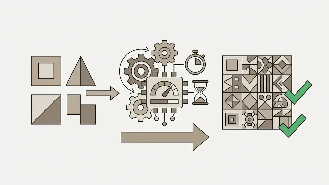 Geometric shapes feeding into a mechanical processor with a timer leading to a completed patterned grid