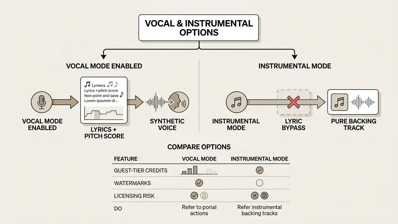 Comparison of vocal and instrumental audio generation paths with a feature table for mode selection