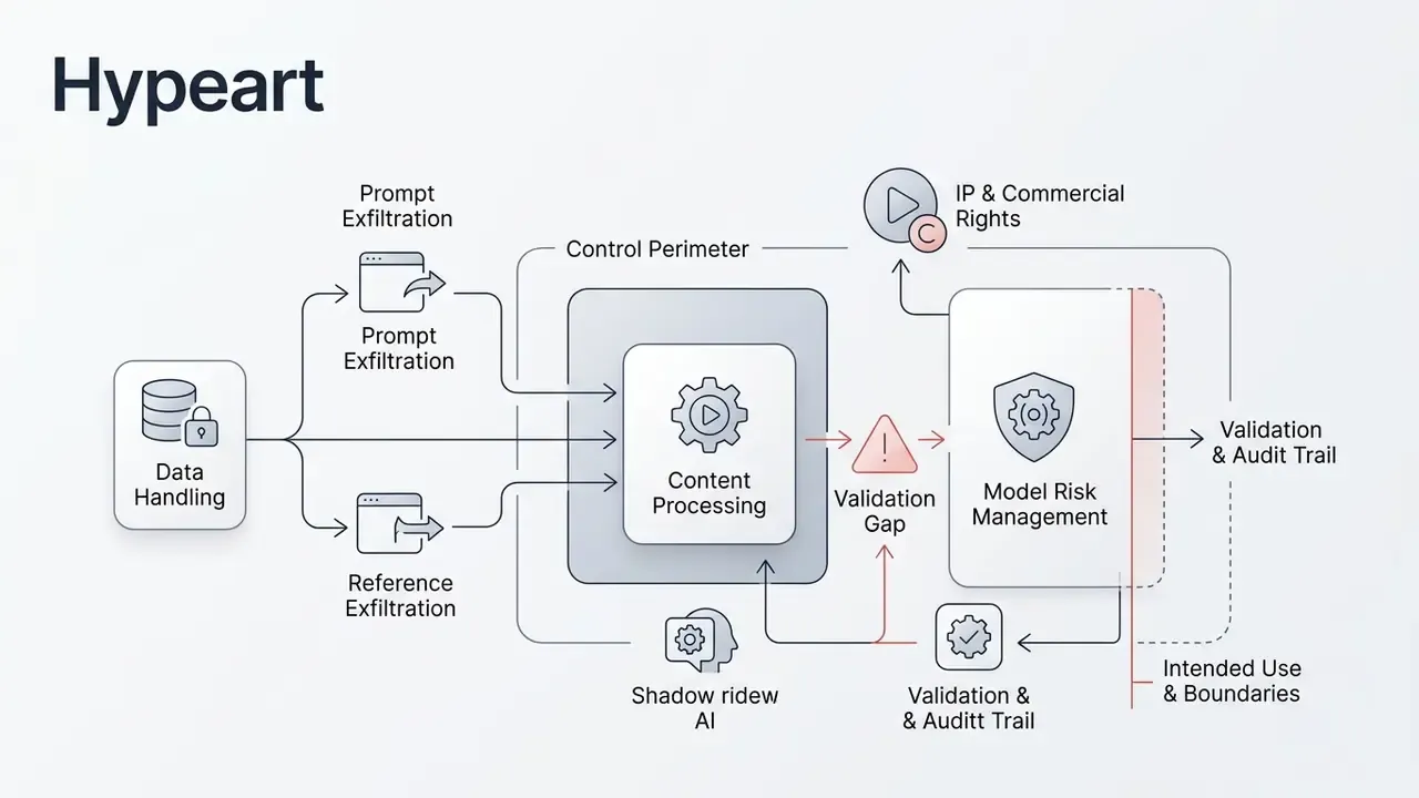 Flowchart mapping data handling risks and model risk management controls for generative video systems