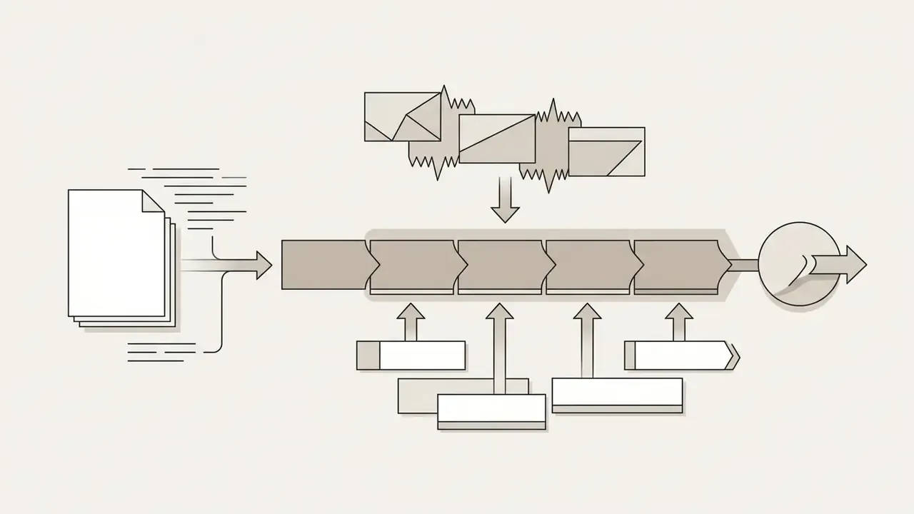 Document stack feeding into a segmented processing bar with audio wave overlays and output indicators