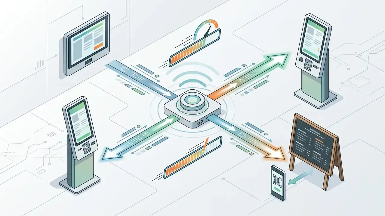 Central hub broadcasting data to digital kiosks, tablets, and mobile devices with speed indicators